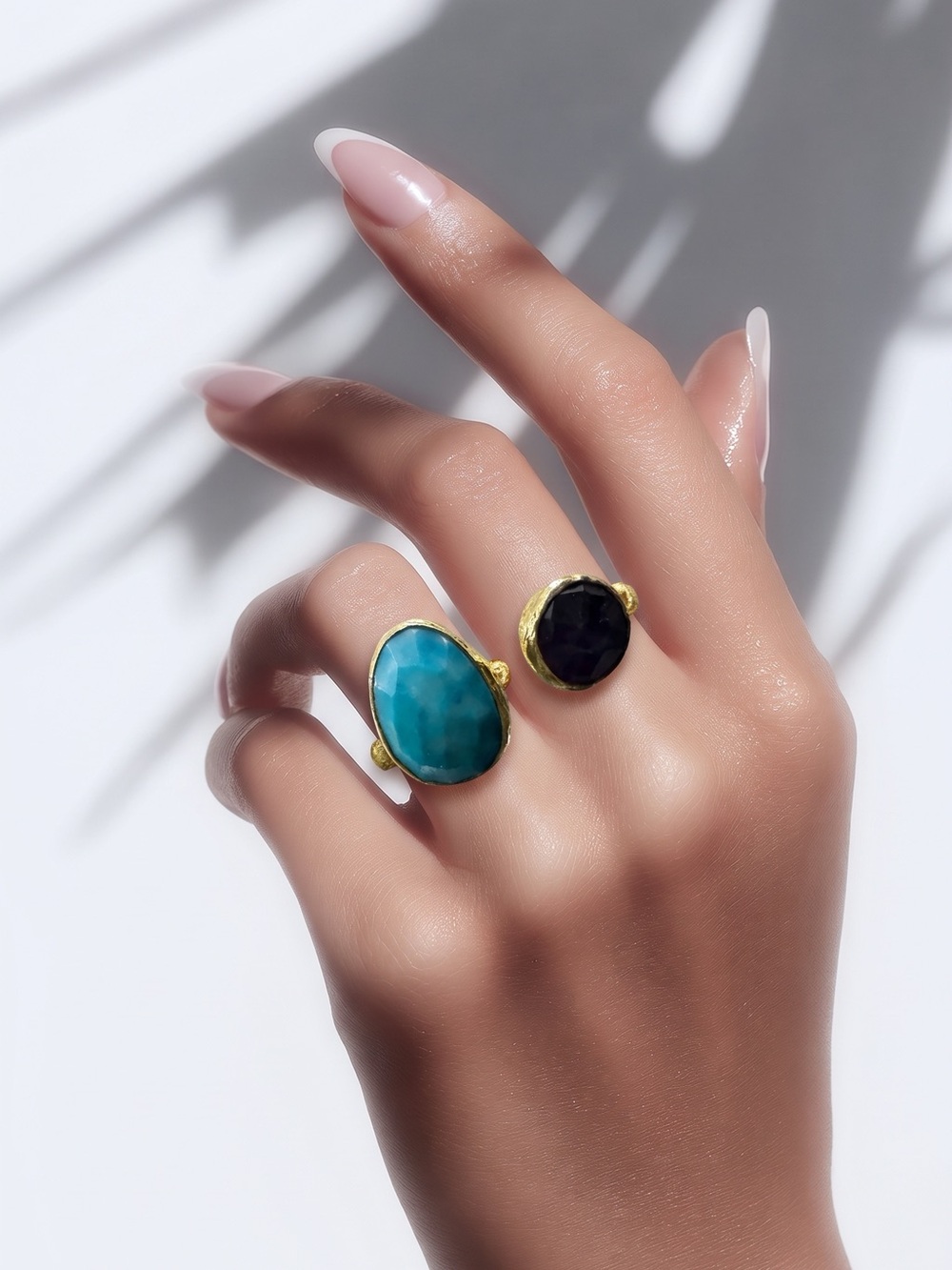 Turquoise and black agate adjustable ring